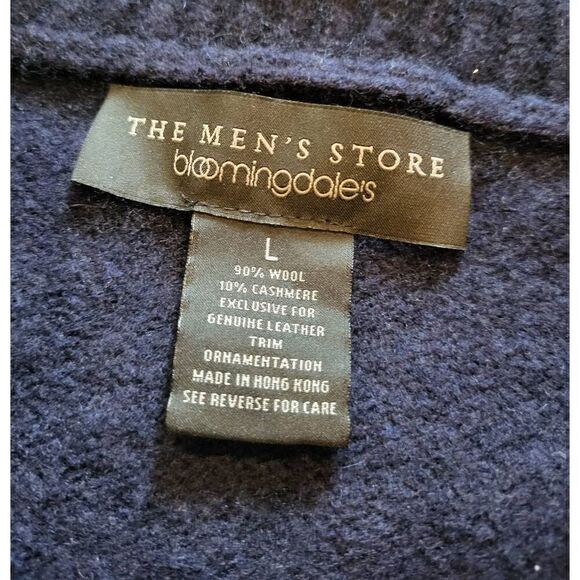 Bloomingdale's Sweater Men's Medium Navy Blue 1/4 Zip Wool Cashmere Cozy Leather - Picture 3 of 4